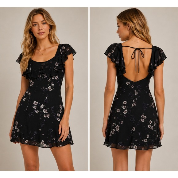 Juicy Couture Dresses & Skirts - Juicy Couture Black‎ Silk Floral Ruffle Mini Dress Size 6 Daisy Print open back